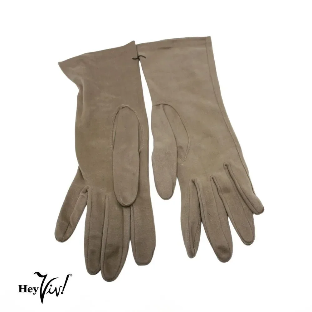 Vintage Light Brown Womens Wrist Length Nylon Gloves Still Attached - Hey Viv